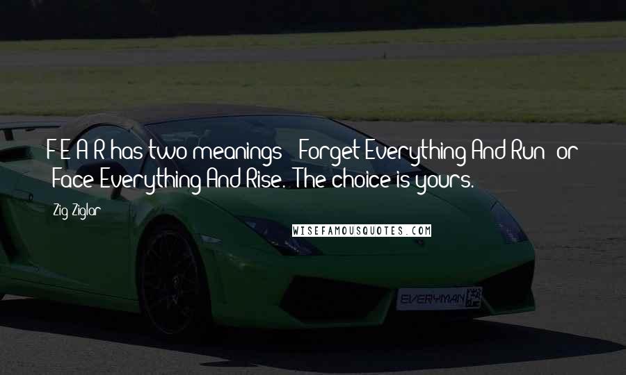 Zig Ziglar Quotes: F-E-A-R has two meanings: 'Forget Everything And Run' or 'Face Everything And Rise.' The choice is yours.