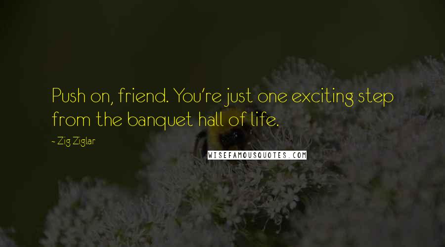 Zig Ziglar Quotes: Push on, friend. You're just one exciting step from the banquet hall of life.