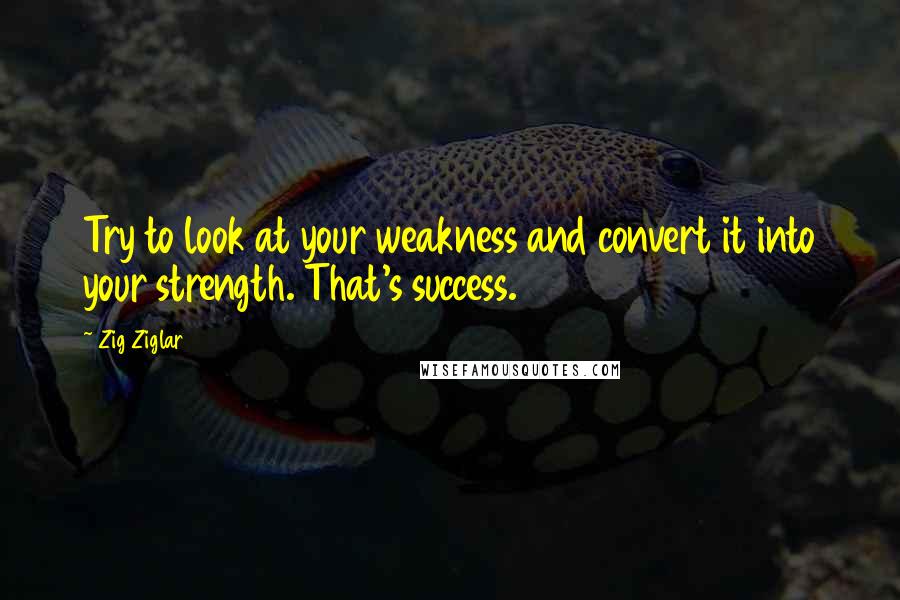 Zig Ziglar Quotes: Try to look at your weakness and convert it into your strength. That's success.