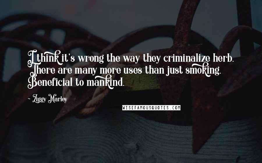 Ziggy Marley Quotes: I think it's wrong the way they criminalize herb. There are many more uses than just smoking. Beneficial to mankind.