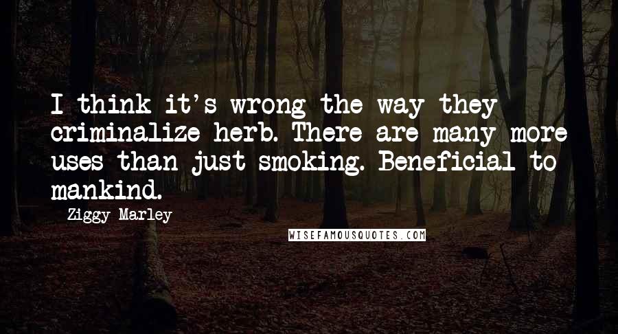 Ziggy Marley Quotes: I think it's wrong the way they criminalize herb. There are many more uses than just smoking. Beneficial to mankind.