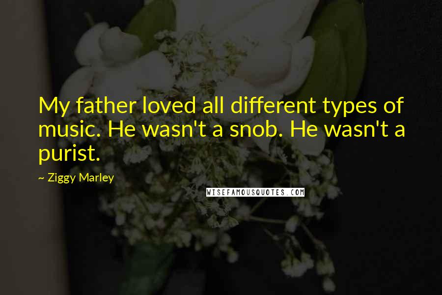 Ziggy Marley Quotes: My father loved all different types of music. He wasn't a snob. He wasn't a purist.
