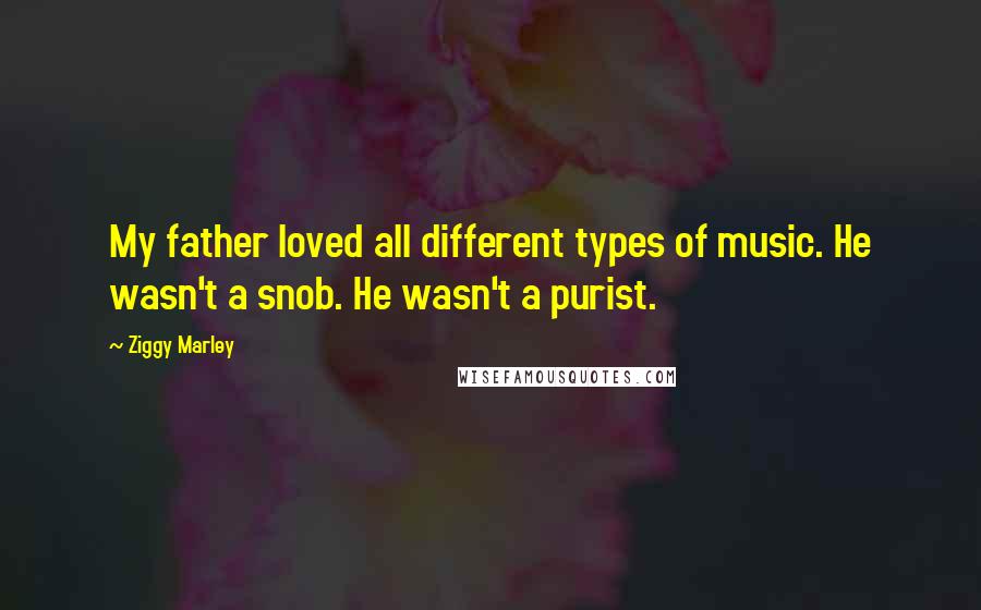 Ziggy Marley Quotes: My father loved all different types of music. He wasn't a snob. He wasn't a purist.