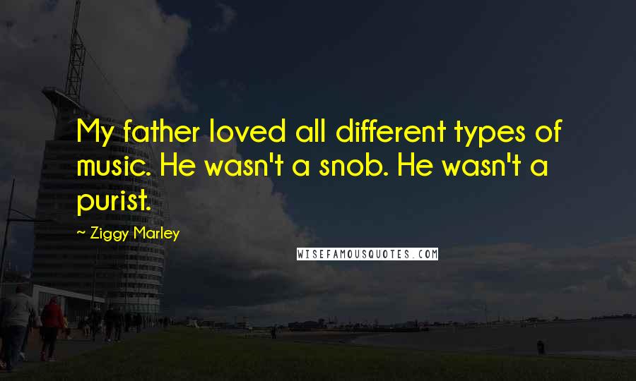 Ziggy Marley Quotes: My father loved all different types of music. He wasn't a snob. He wasn't a purist.