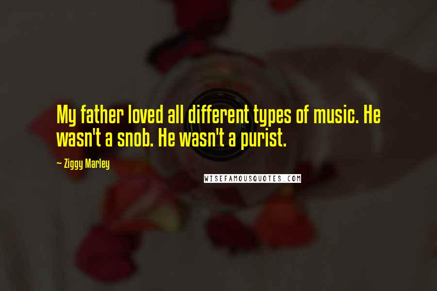 Ziggy Marley Quotes: My father loved all different types of music. He wasn't a snob. He wasn't a purist.