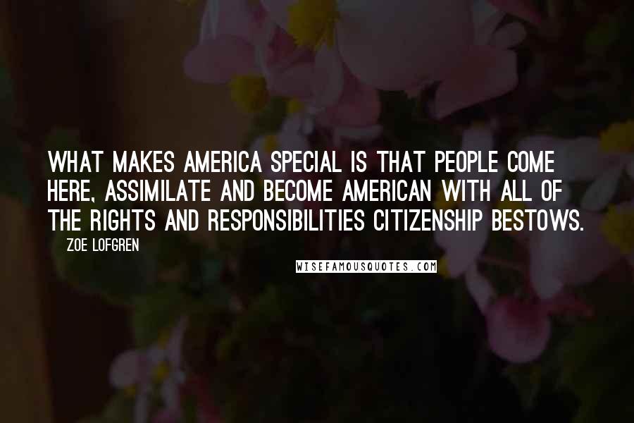 Zoe Lofgren Quotes: What makes America special is that people come here, assimilate and become American with all of the rights and responsibilities citizenship bestows.