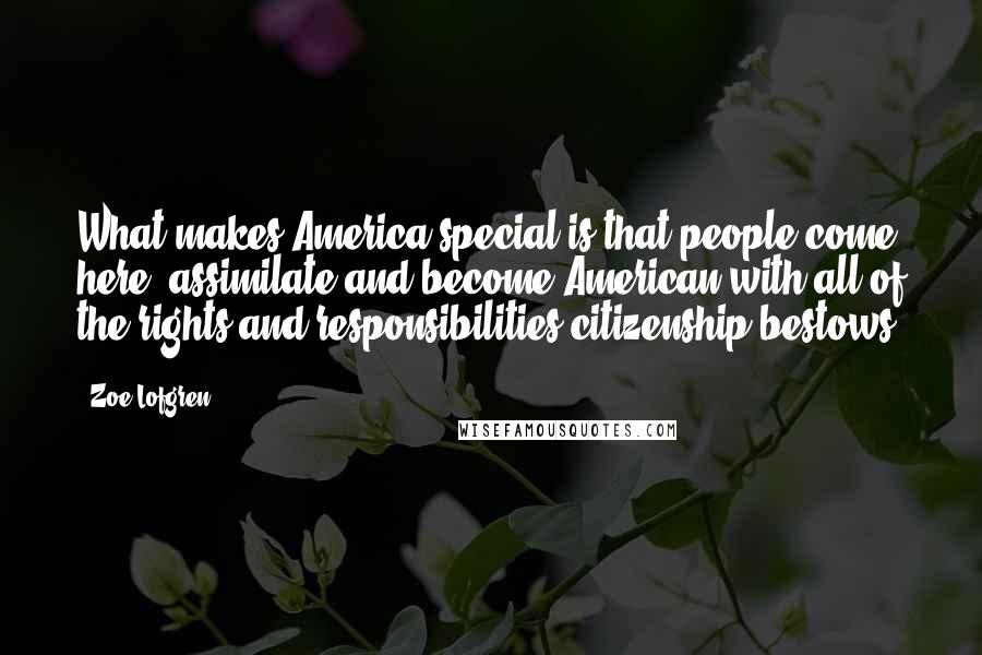 Zoe Lofgren Quotes: What makes America special is that people come here, assimilate and become American with all of the rights and responsibilities citizenship bestows.