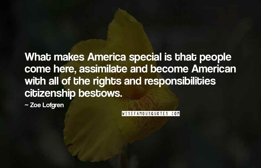 Zoe Lofgren Quotes: What makes America special is that people come here, assimilate and become American with all of the rights and responsibilities citizenship bestows.