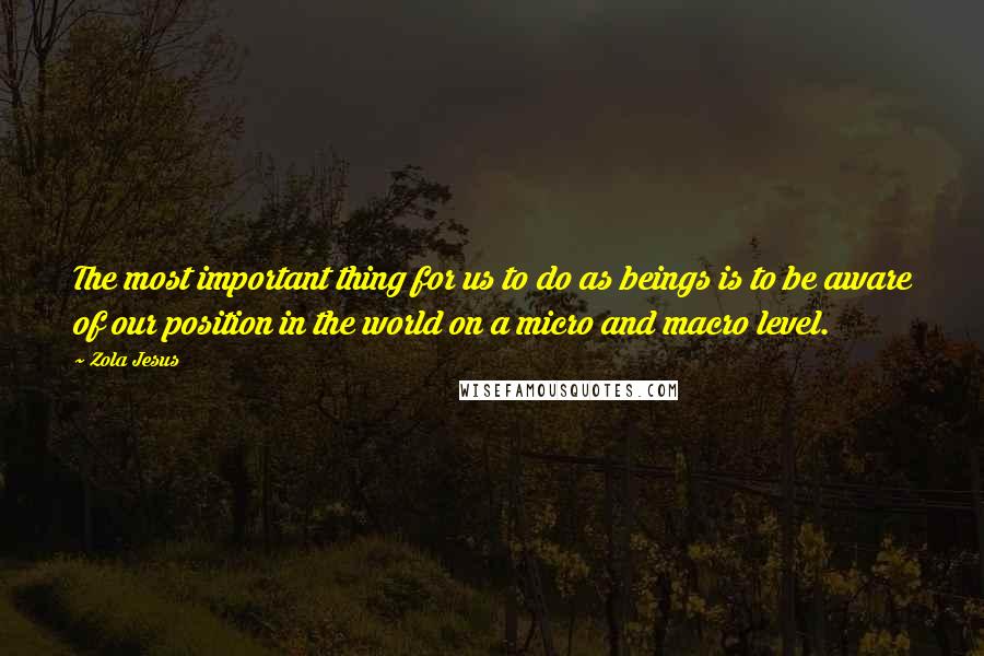 Zola Jesus Quotes: The most important thing for us to do as beings is to be aware of our position in the world on a micro and macro level.