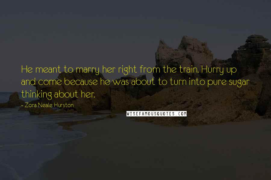 Zora Neale Hurston Quotes: He meant to marry her right from the train. Hurry up and come because he was about to turn into pure sugar thinking about her.