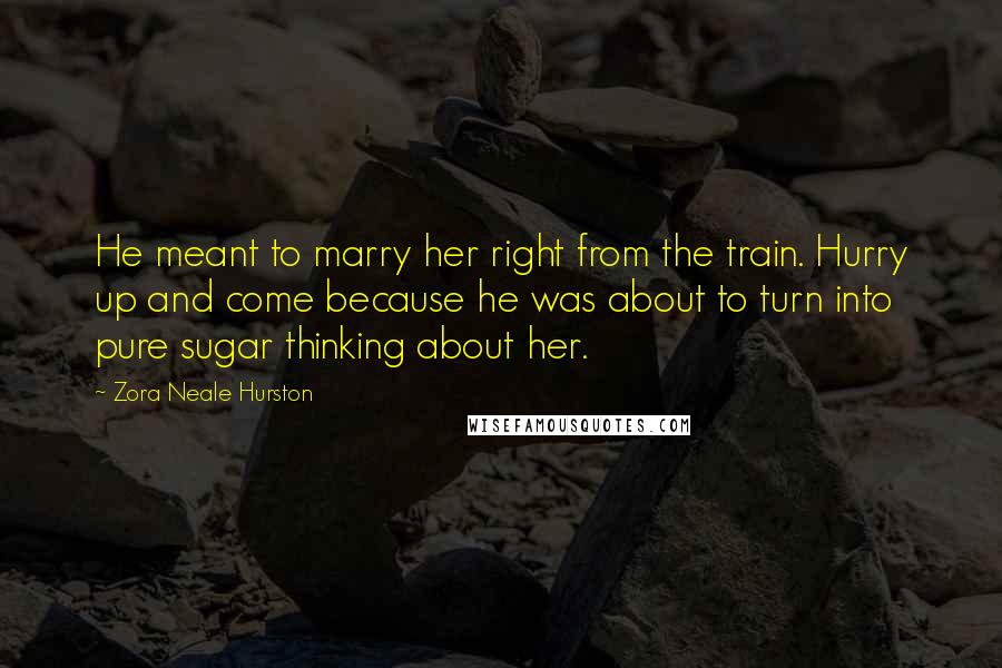 Zora Neale Hurston Quotes: He meant to marry her right from the train. Hurry up and come because he was about to turn into pure sugar thinking about her.