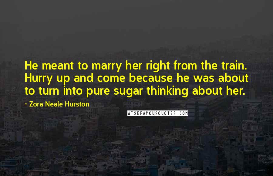 Zora Neale Hurston Quotes: He meant to marry her right from the train. Hurry up and come because he was about to turn into pure sugar thinking about her.