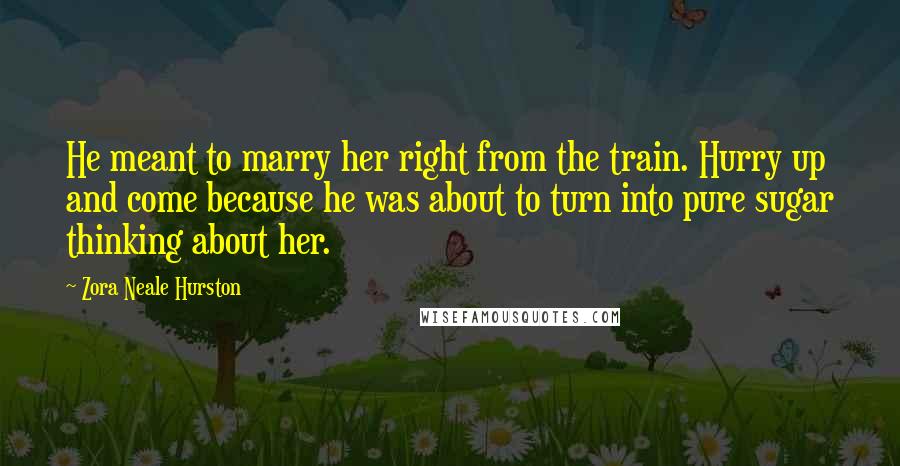 Zora Neale Hurston Quotes: He meant to marry her right from the train. Hurry up and come because he was about to turn into pure sugar thinking about her.