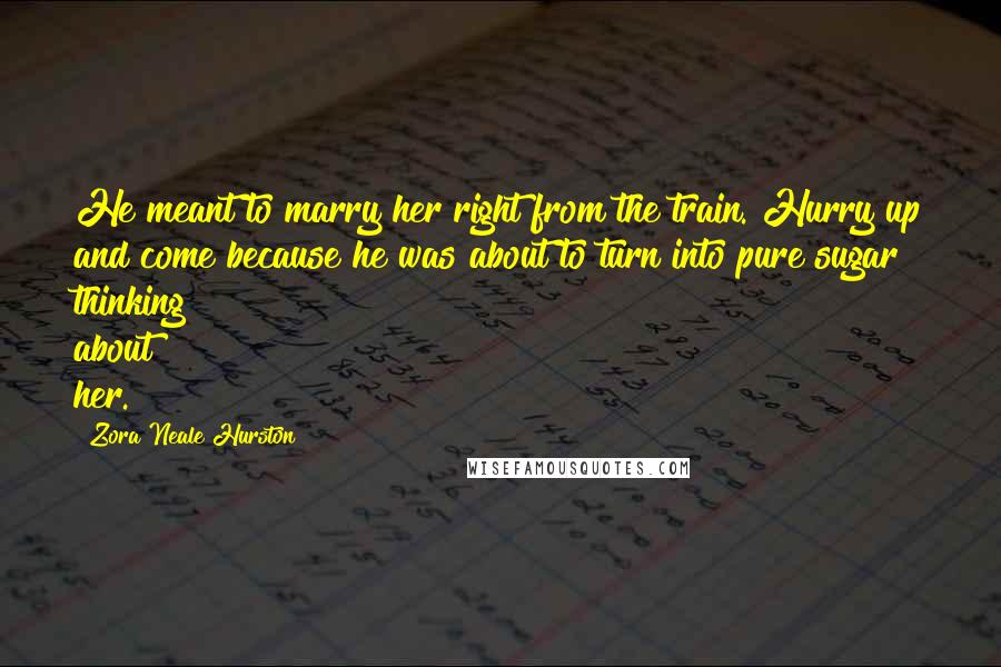 Zora Neale Hurston Quotes: He meant to marry her right from the train. Hurry up and come because he was about to turn into pure sugar thinking about her.