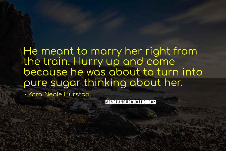 Zora Neale Hurston Quotes: He meant to marry her right from the train. Hurry up and come because he was about to turn into pure sugar thinking about her.