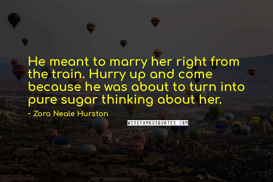 Zora Neale Hurston Quotes: He meant to marry her right from the train. Hurry up and come because he was about to turn into pure sugar thinking about her.