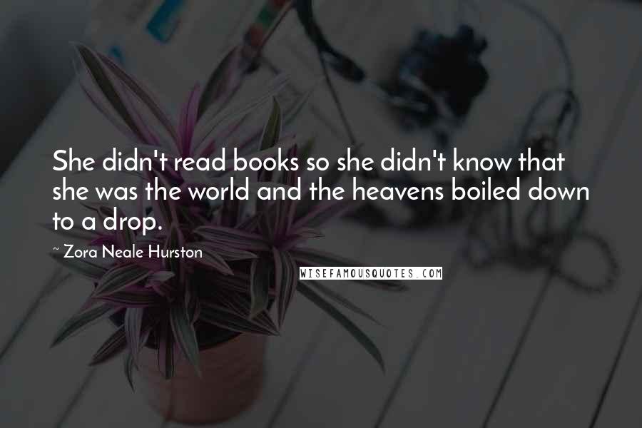 Zora Neale Hurston Quotes: She didn't read books so she didn't know that she was the world and the heavens boiled down to a drop.